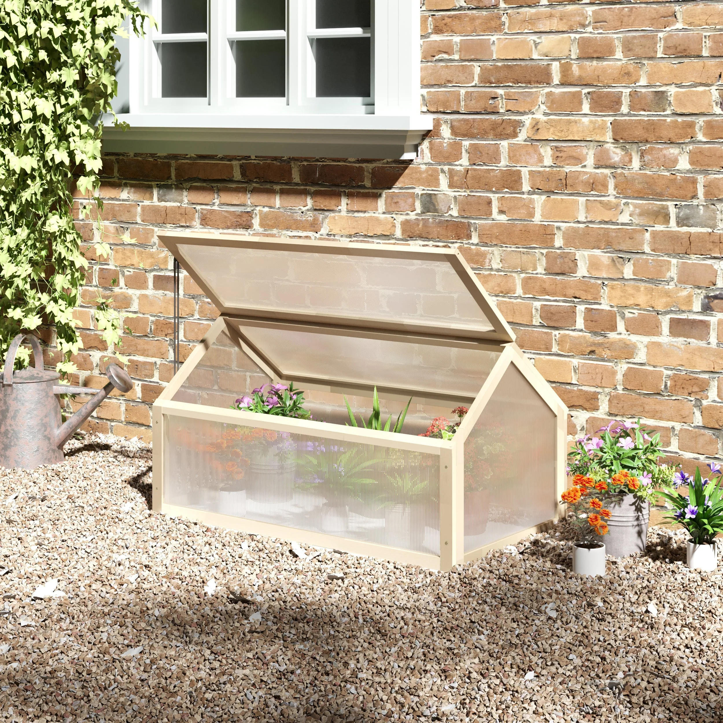 Wooden Cold Frame Garden Polycarbonate Greenhouse with Openable Top Cover - Image 2