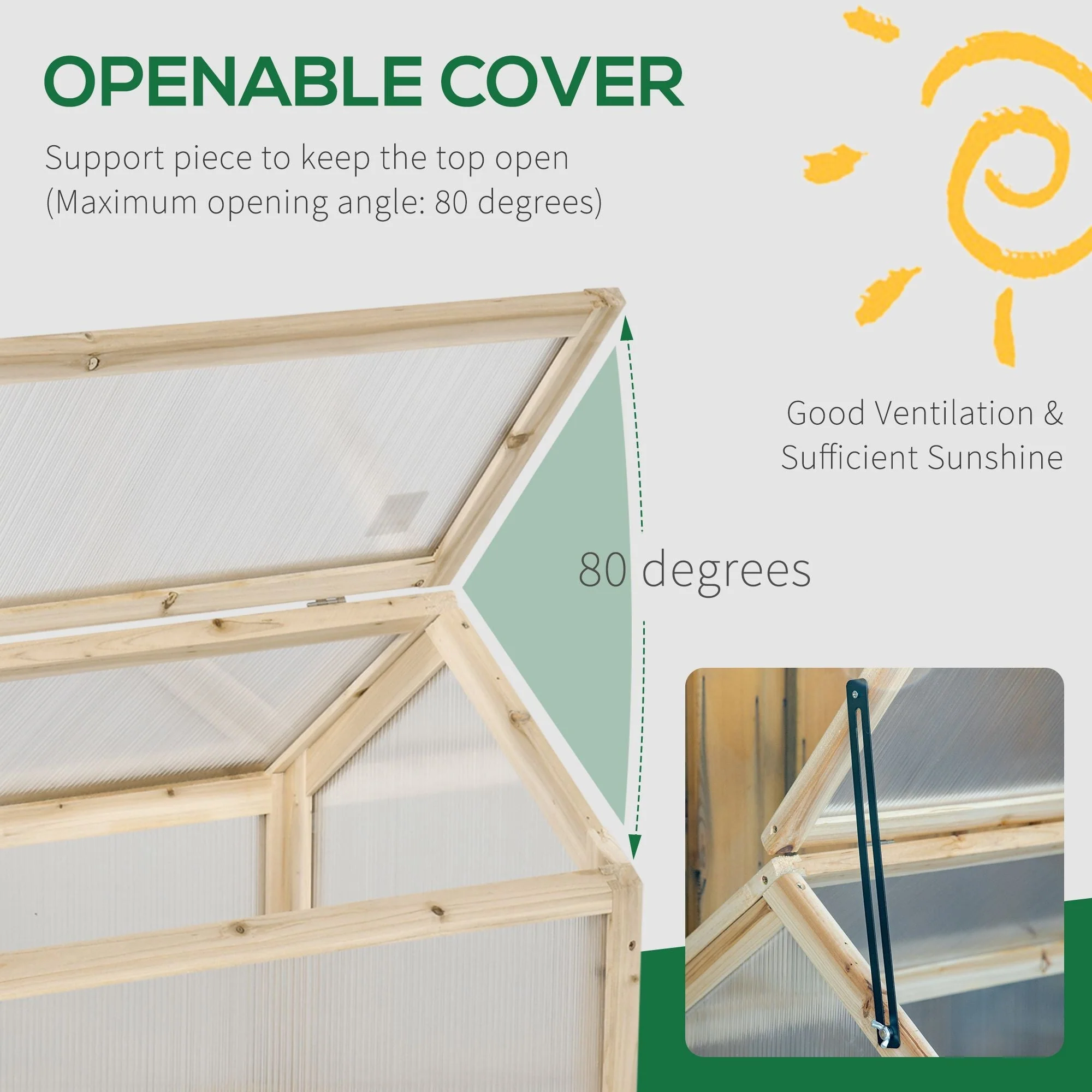 Wooden Cold Frame Garden Polycarbonate Greenhouse with Openable Top Cover - Image 5