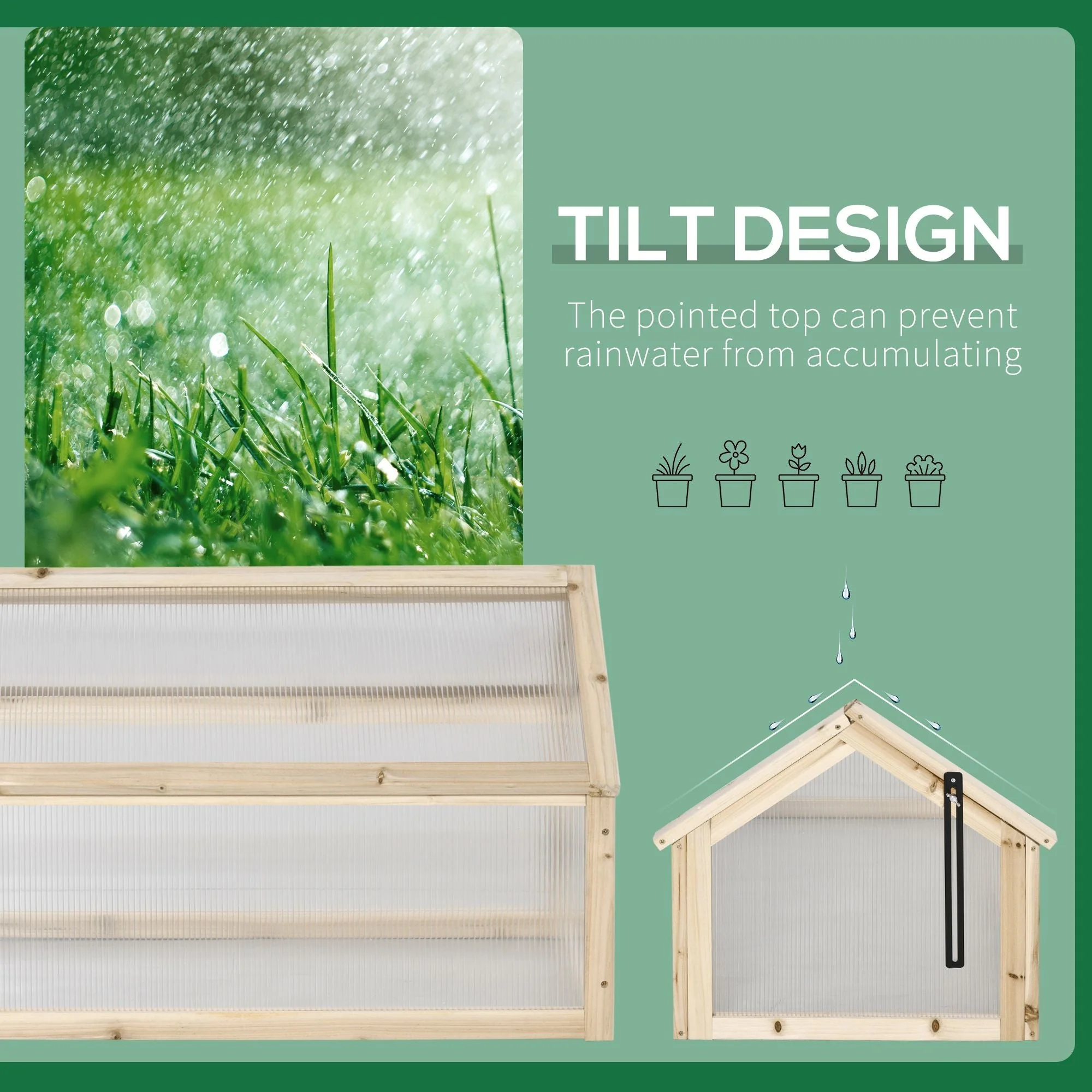Wooden Cold Frame Garden Polycarbonate Greenhouse with Openable Top Cover - Image 6