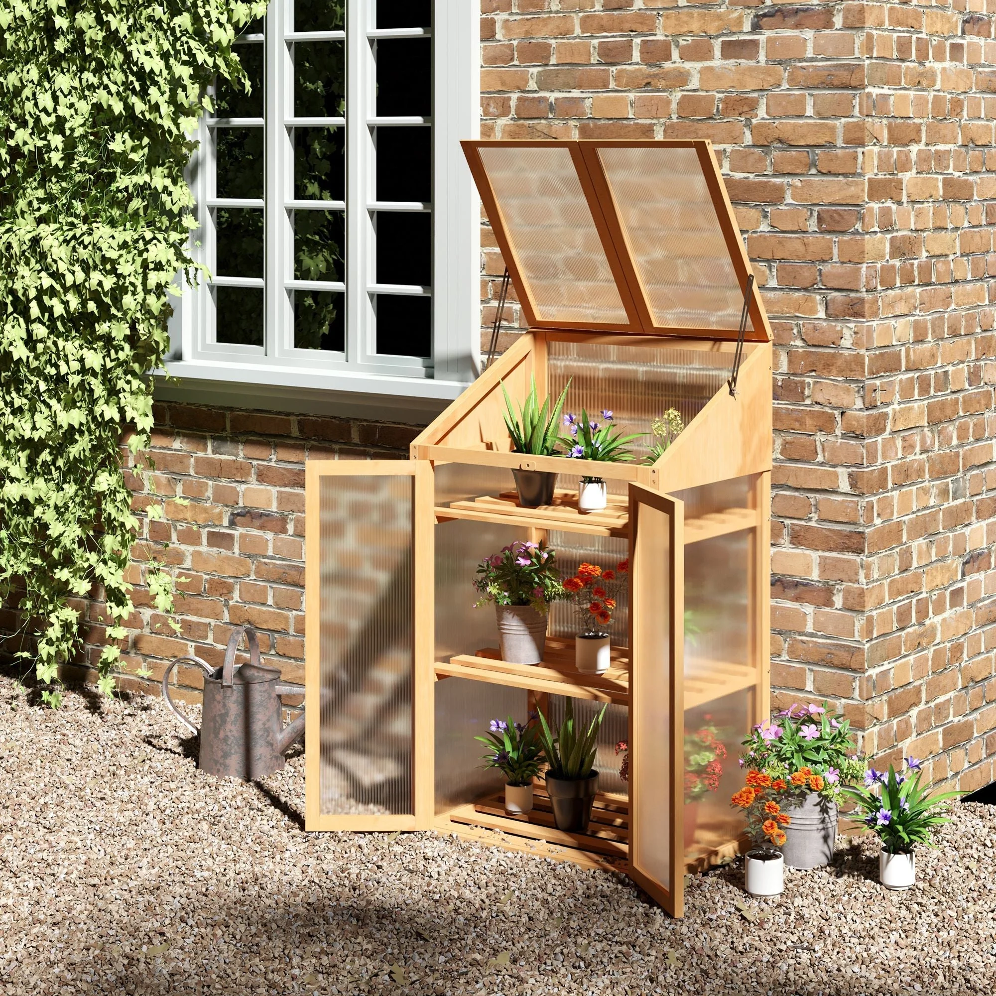 Wooden Cold Frame Polycarbonate Greenhouse with Openable Top Cover and Double Door - Image 2