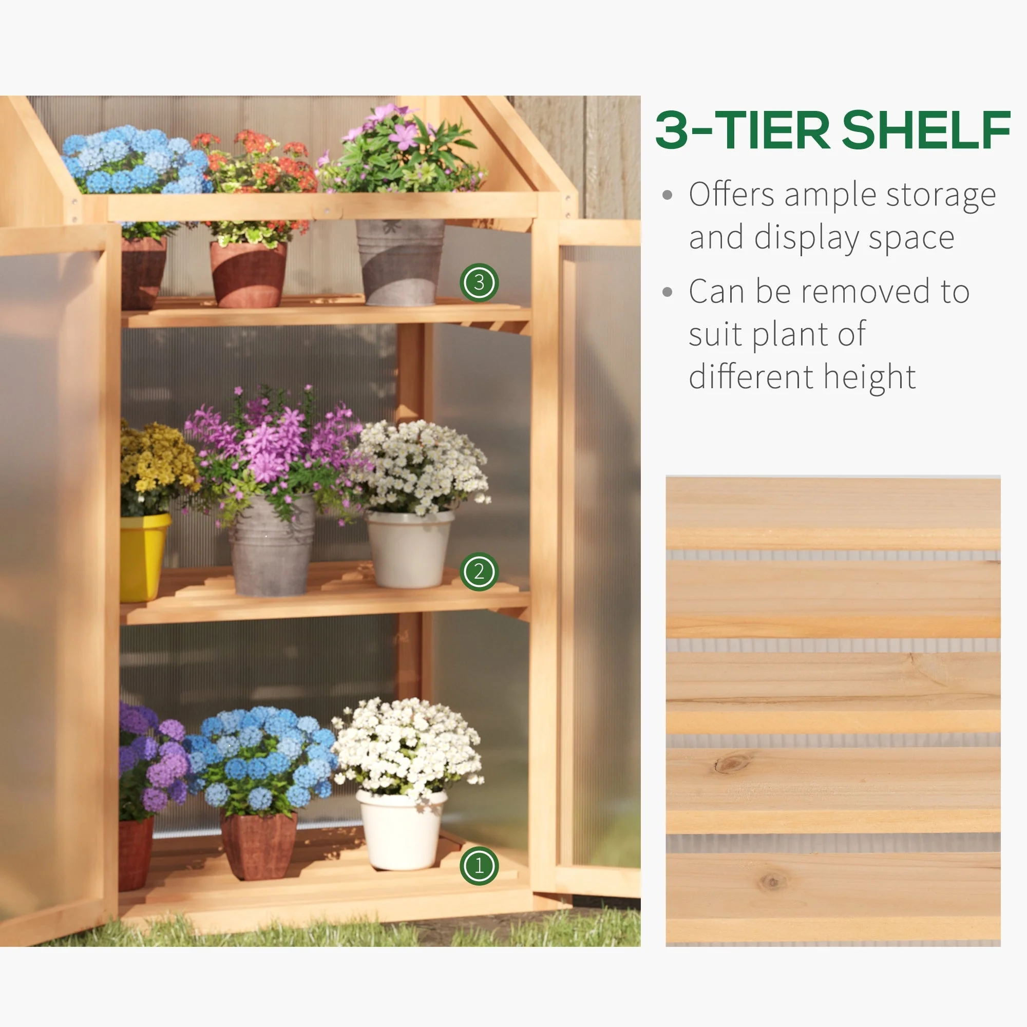 Wooden Cold Frame Polycarbonate Greenhouse with Openable Top Cover and Double Door - Image 5