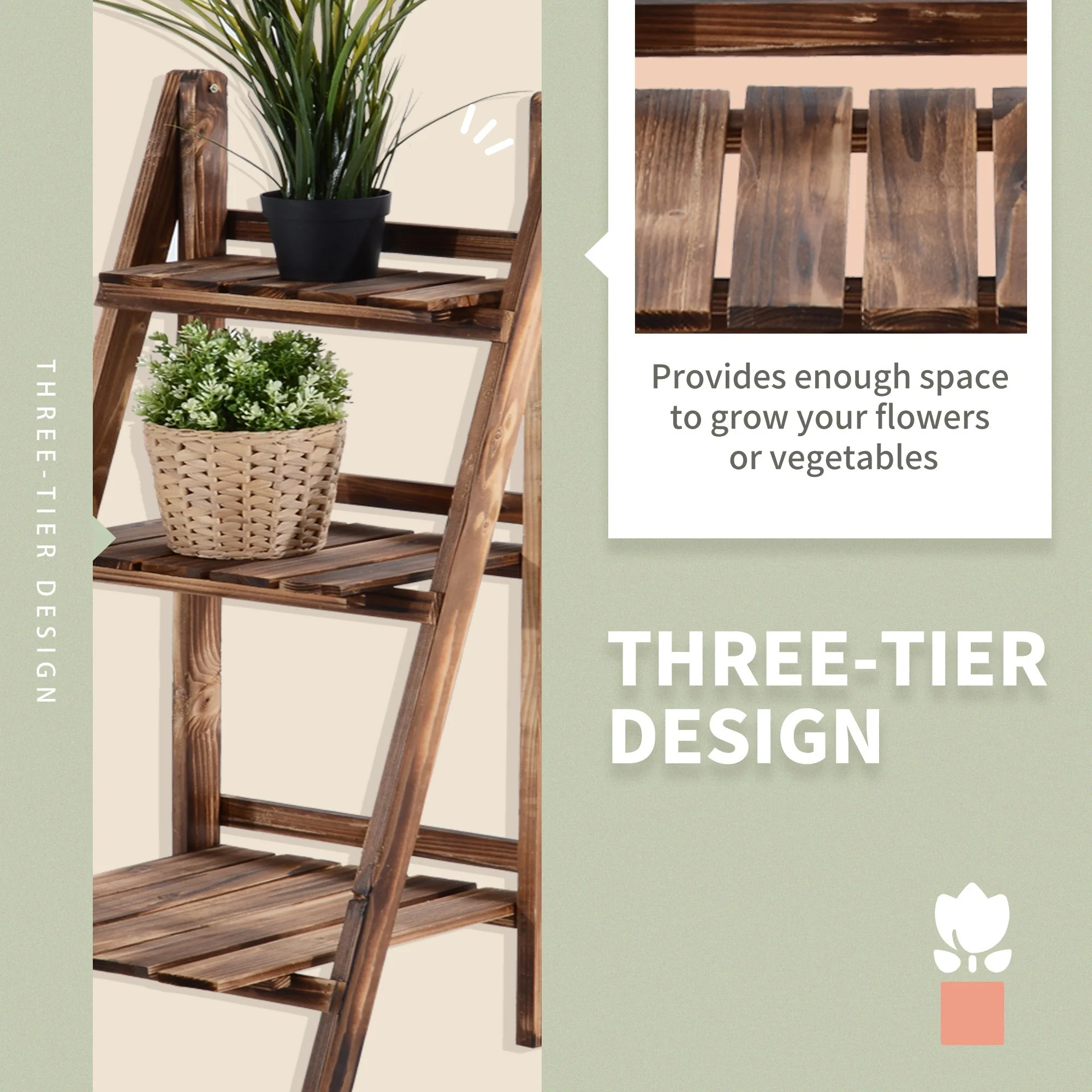 Wooden Folding Flower Pot Stand 3 Tier Garden Planter Display Ladder Gardener Storage Shelves Rack Herb Holder 80L x 37W x 93H cm - Image 5