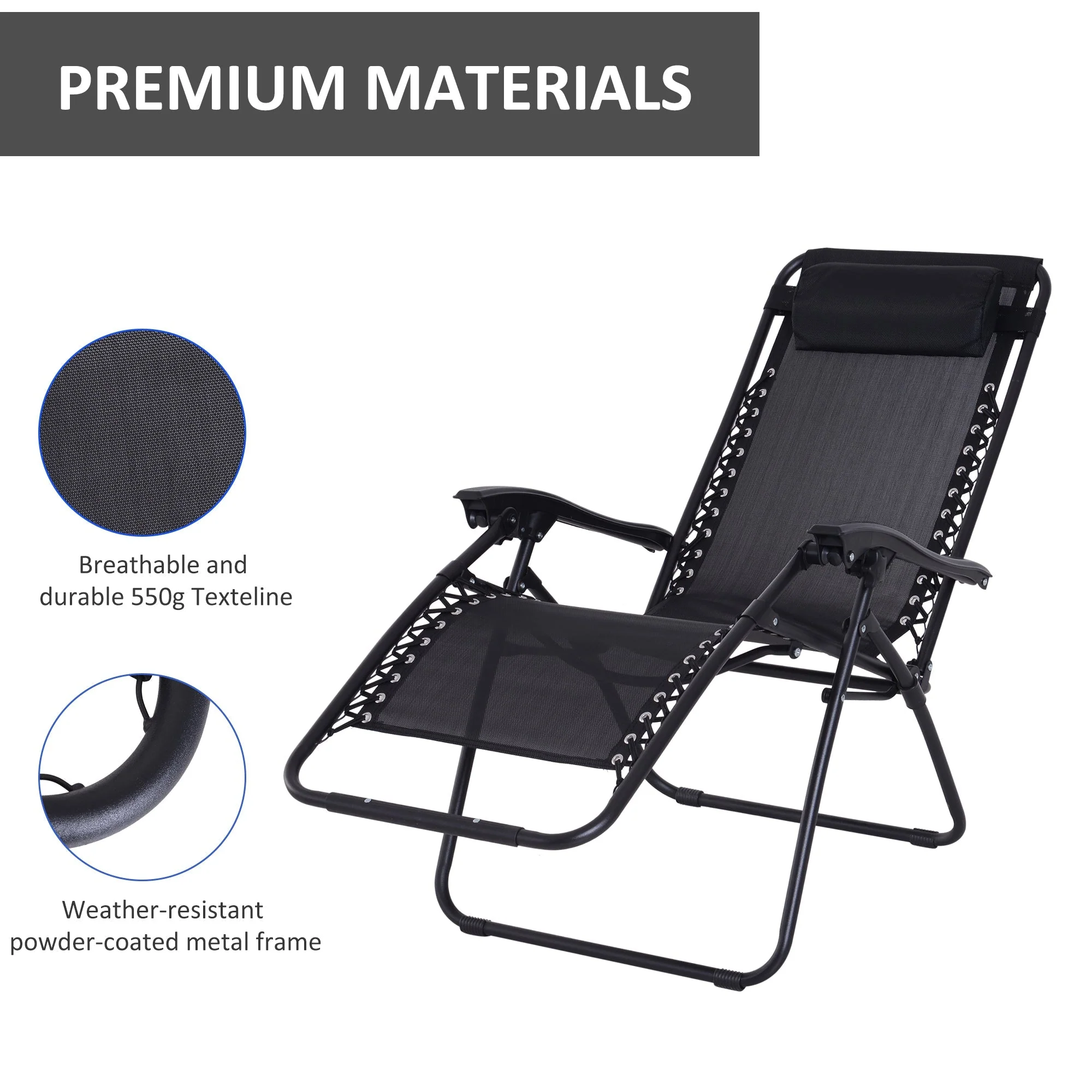 Zero Gravity Chair Metal Frame Texteline Armchair Outdoor Folding & Reclining Sun Lounger with Head Pillow for Patio Decking Gardens Camping - Image 6