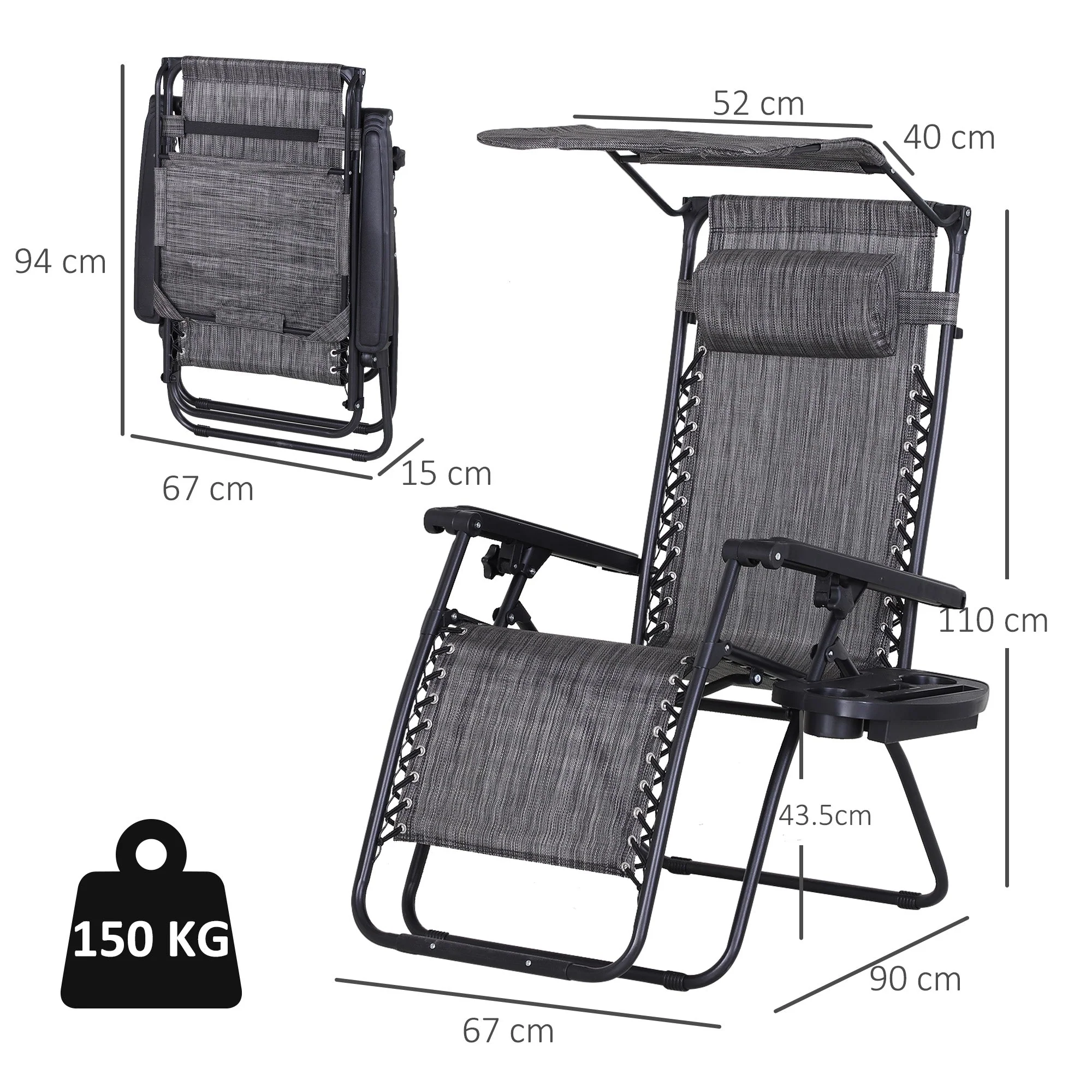 Zero Gravity Garden Deck Folding Chair Texteline Patio Sun Adjustable Lounger Reclining Seat with Cup Holder & Canopy Shade - Grey - Image 3