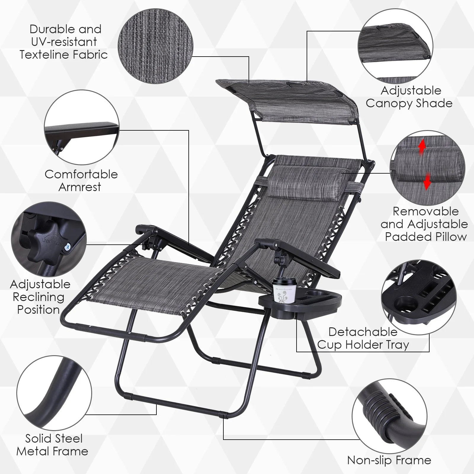 Zero Gravity Garden Deck Folding Chair Texteline Patio Sun Adjustable Lounger Reclining Seat with Cup Holder & Canopy Shade - Grey - Image 6