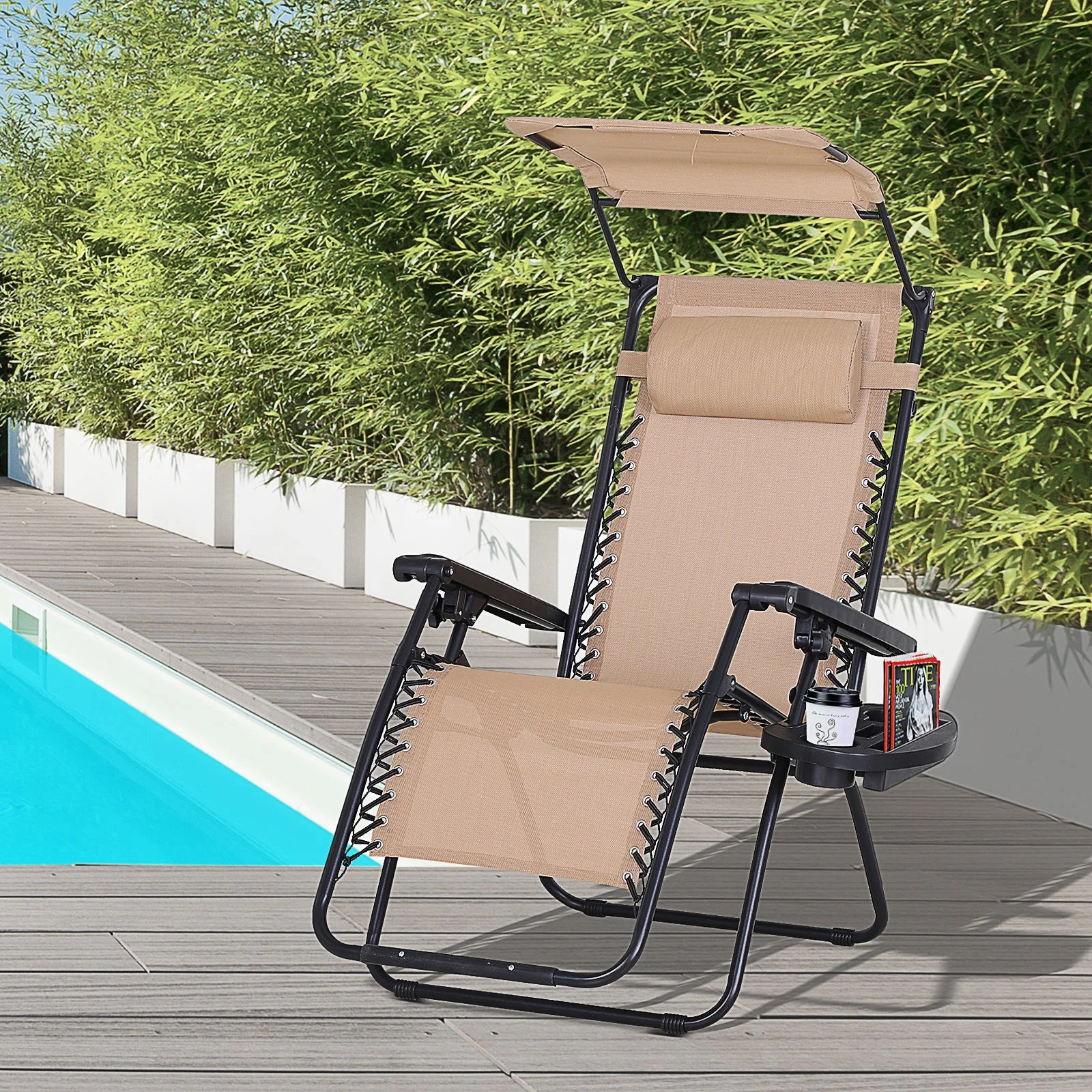 Zero Gravity Garden Deck Folding Chair Texteline Patio Sun Lounger Reclining Seat with Cup Holder & Canopy Shade - Beige - Image 2