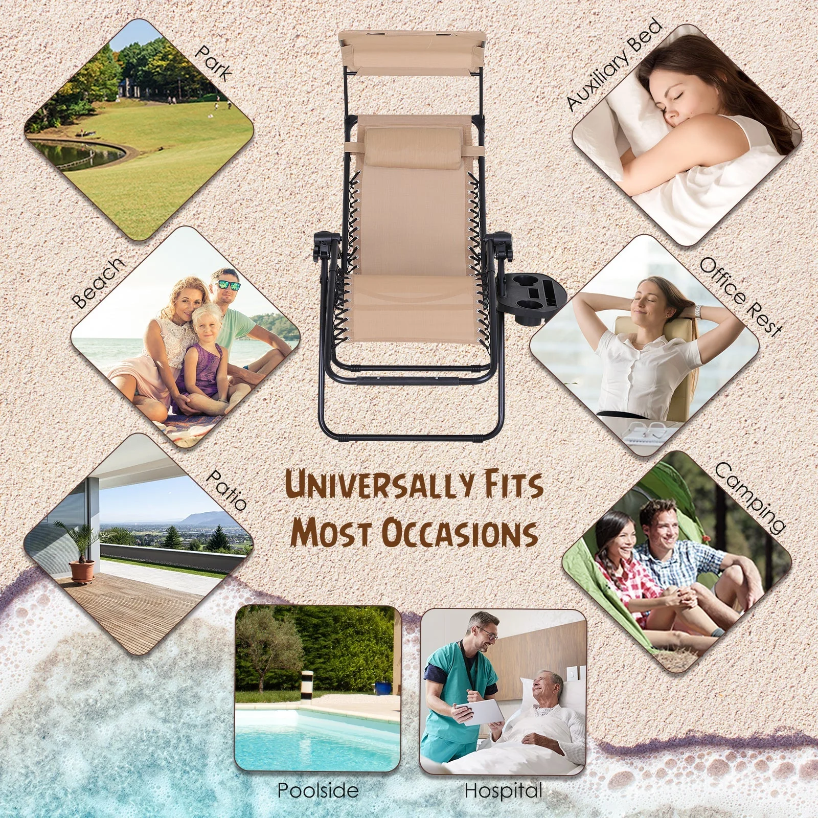 Zero Gravity Garden Deck Folding Chair Texteline Patio Sun Lounger Reclining Seat with Cup Holder & Canopy Shade - Beige - Image 4