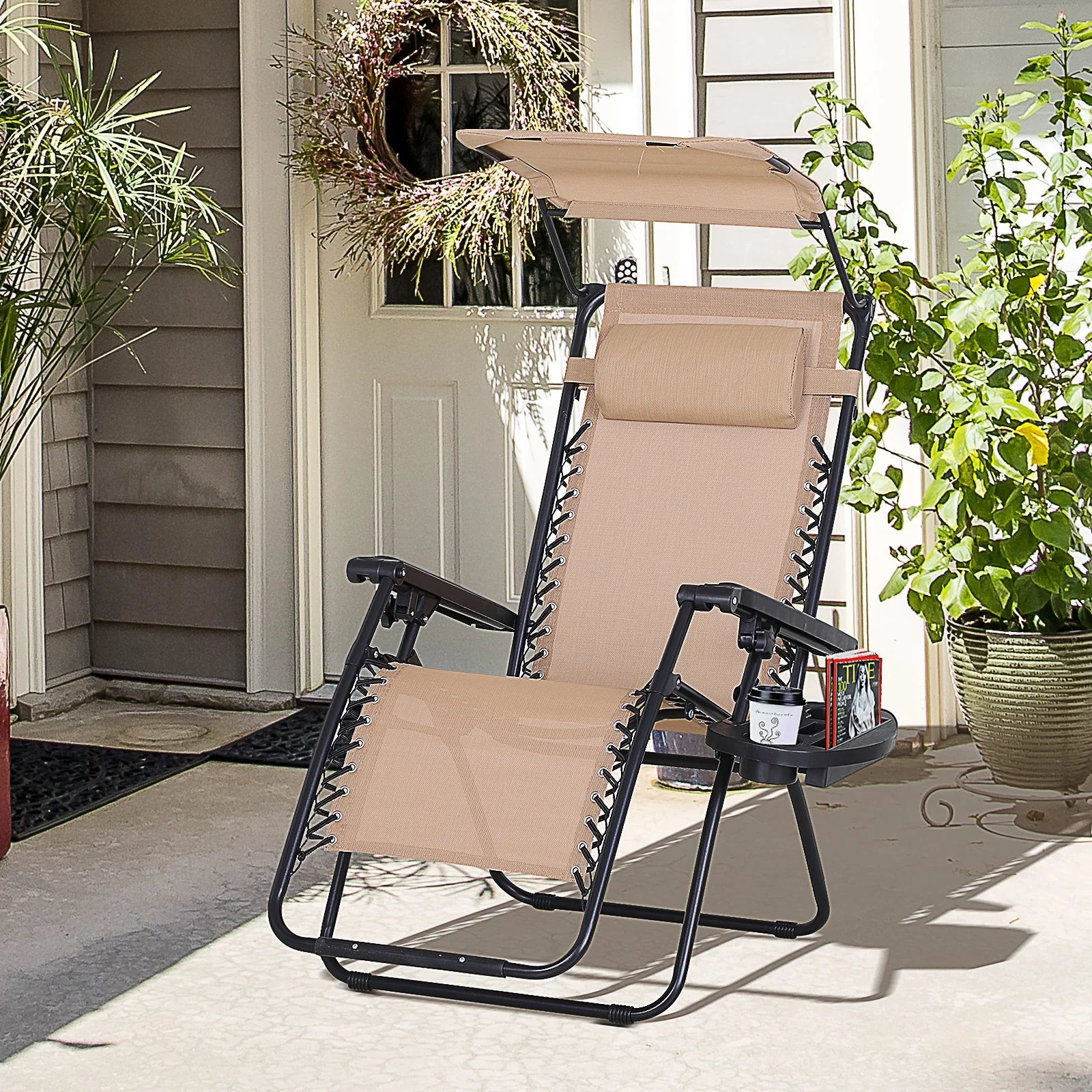 Zero Gravity Garden Deck Folding Chair Texteline Patio Sun Lounger Reclining Seat with Cup Holder & Canopy Shade - Beige - Image 9