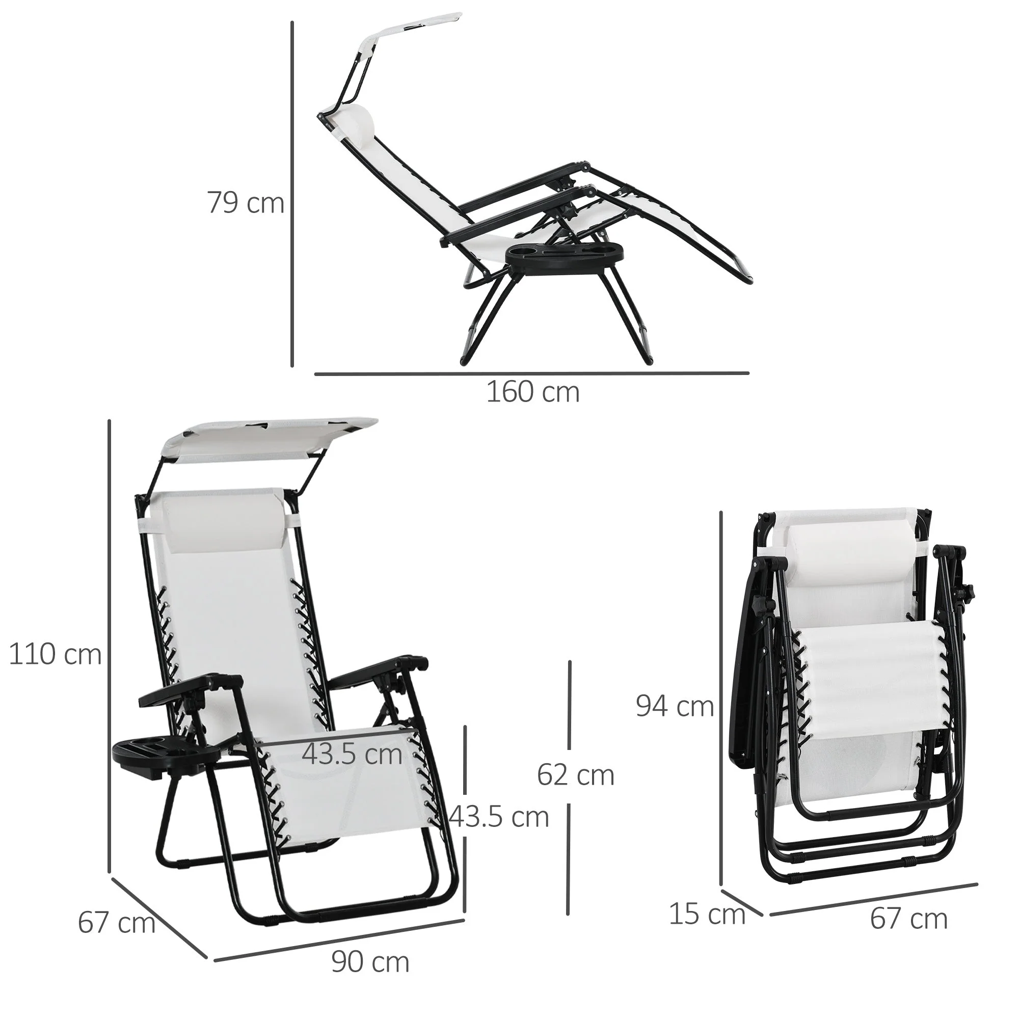 Zero Gravity Garden Folding Patio Sun Lounger w/Cup Holder & Canopy Shade White - Image 2