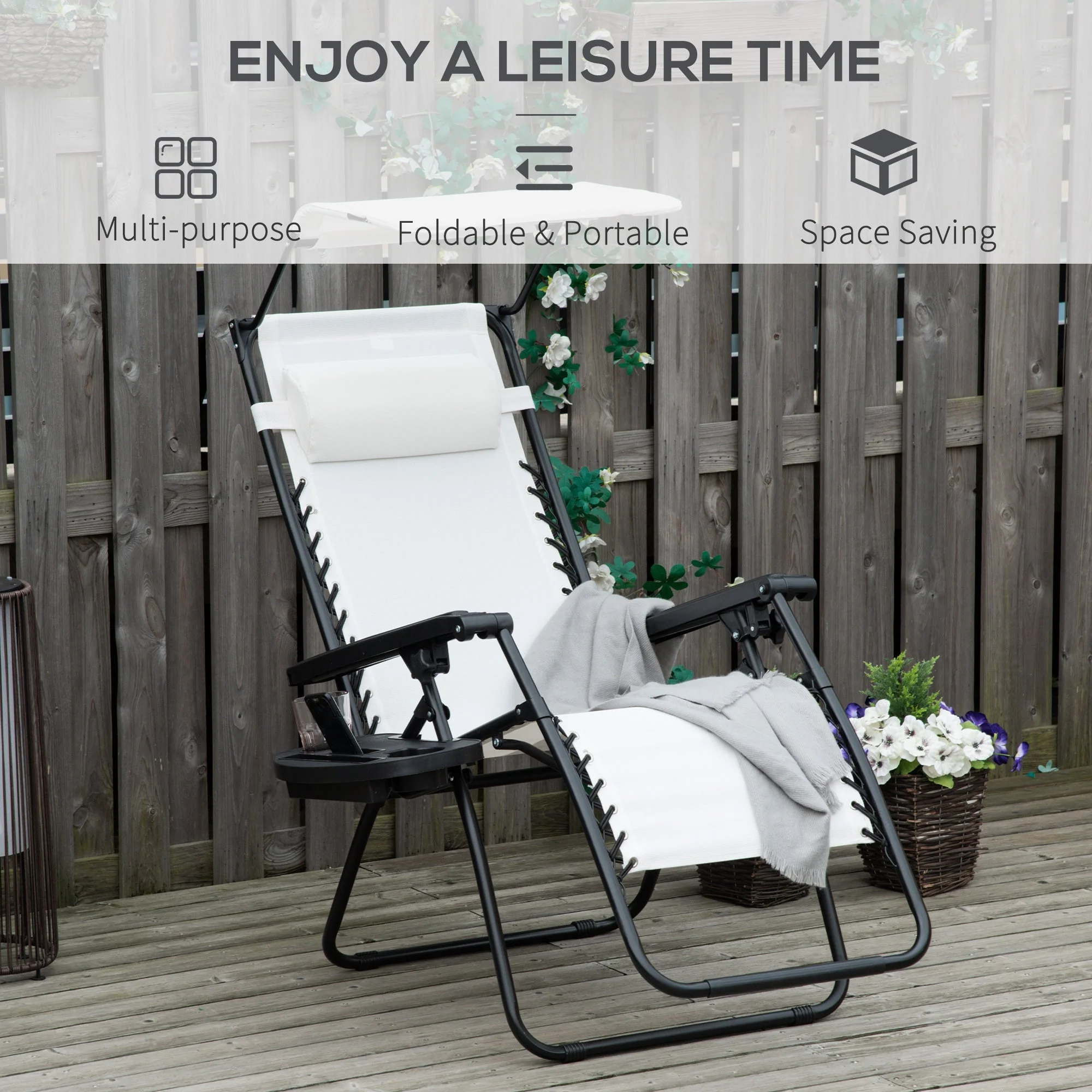 Zero Gravity Garden Folding Patio Sun Lounger w/Cup Holder & Canopy Shade White - Image 3