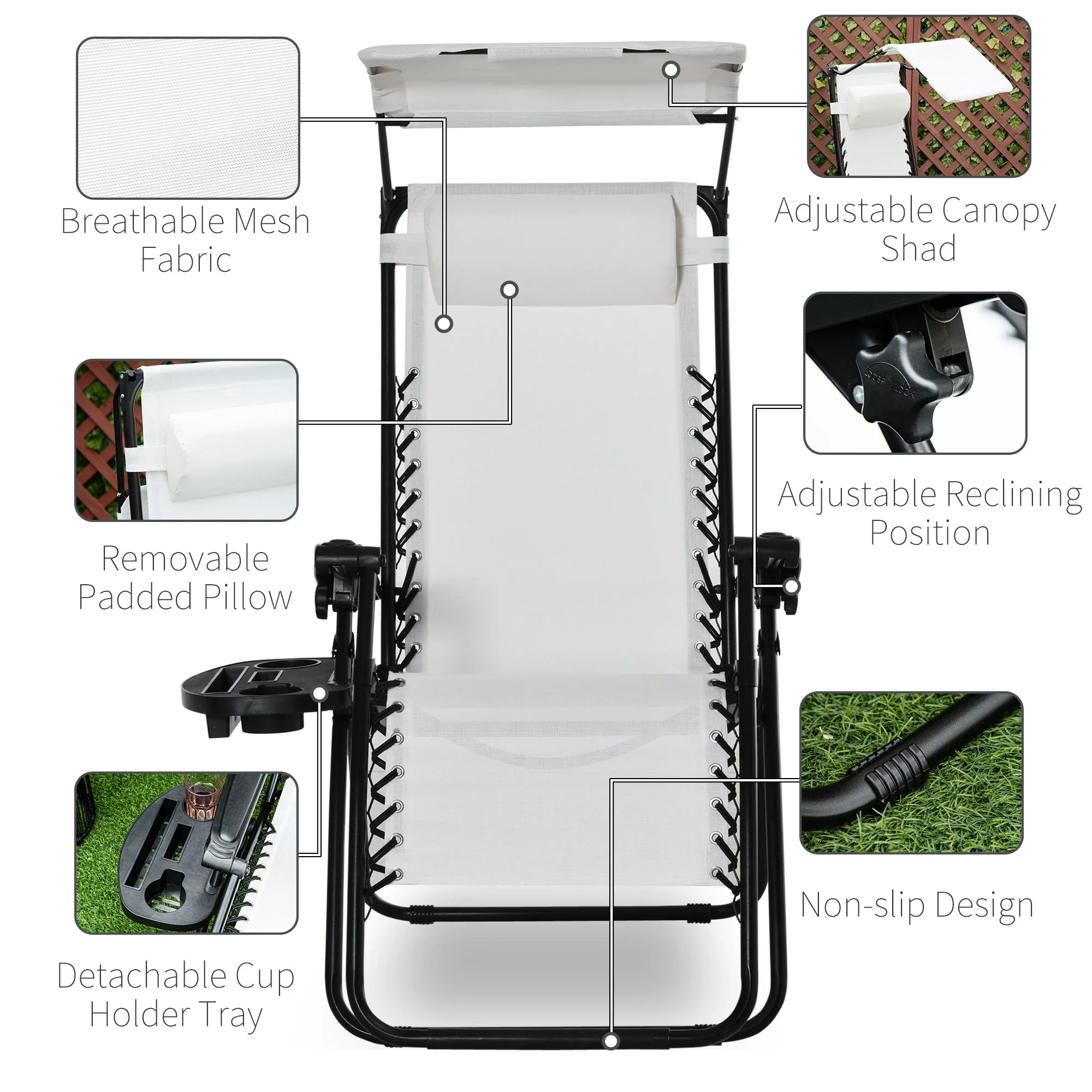 Zero Gravity Garden Folding Patio Sun Lounger w/Cup Holder & Canopy Shade White - Image 4