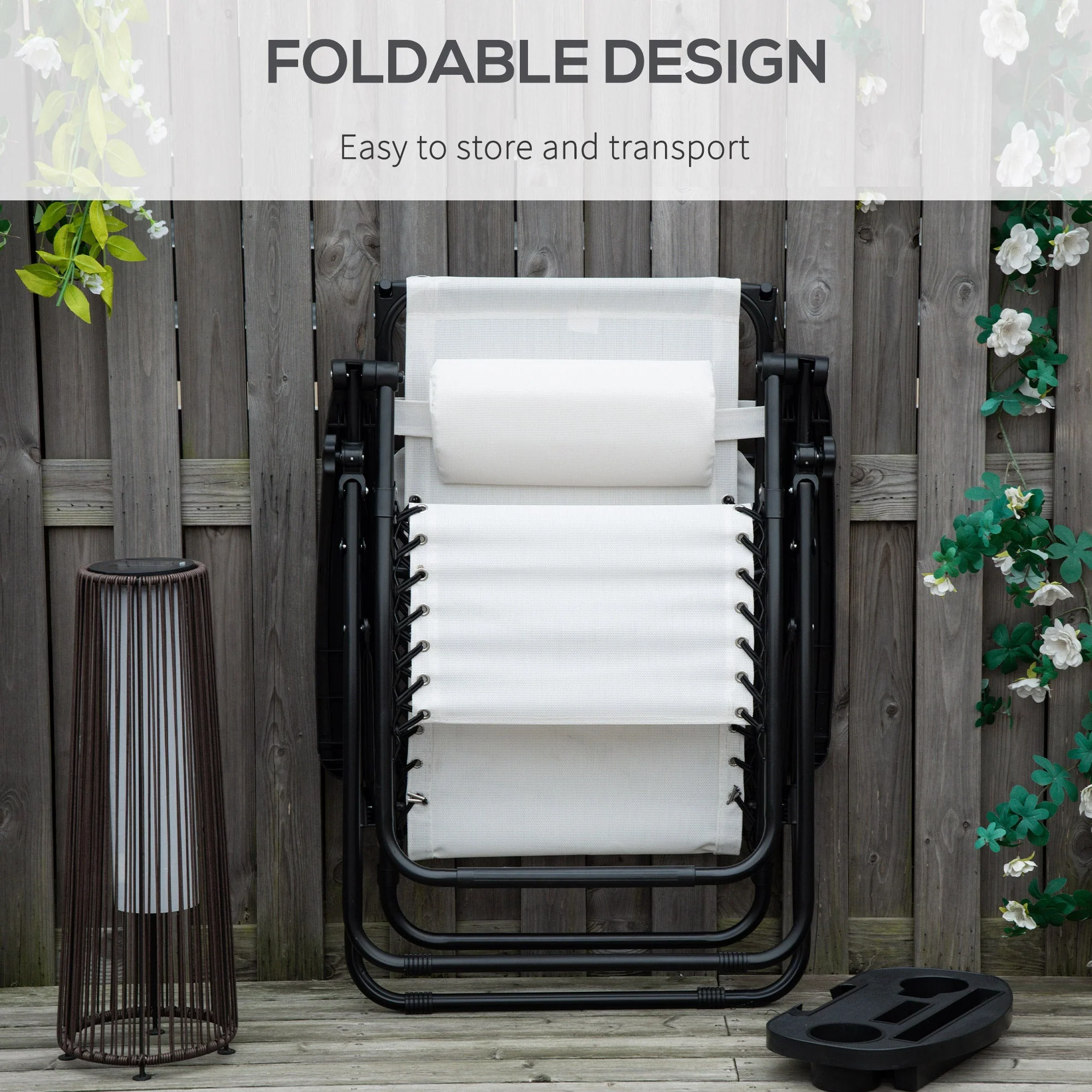 Zero Gravity Garden Folding Patio Sun Lounger w/Cup Holder & Canopy Shade White - Image 5
